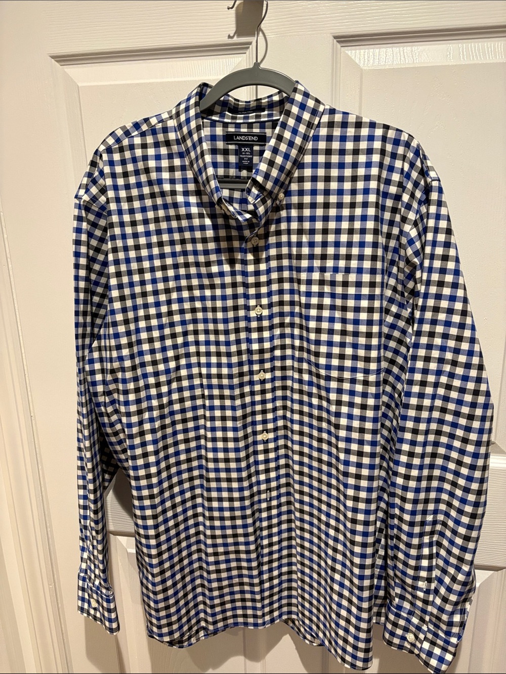 Lands' End Men's Blue and Black Check Button-Down Shirt. No Iron Twill